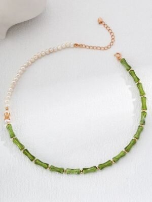 Sterling Silver Bamboo-Link Pearl Necklace