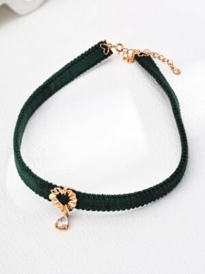 Green Velvet Necklace with Zircon Stone