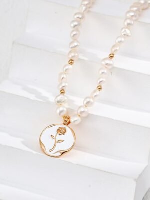Natural Pearl Glazed Rose Pendant Necklace