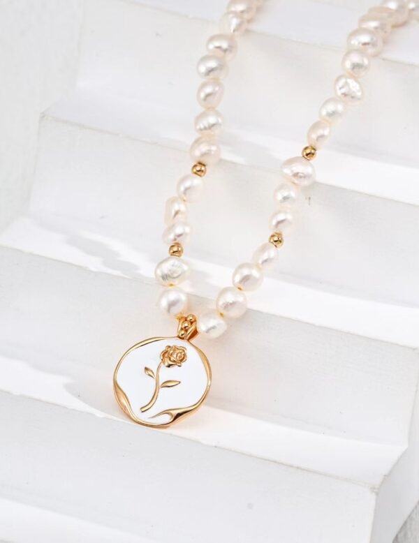 Natural Pearl Glazed Rose Pendant Necklace